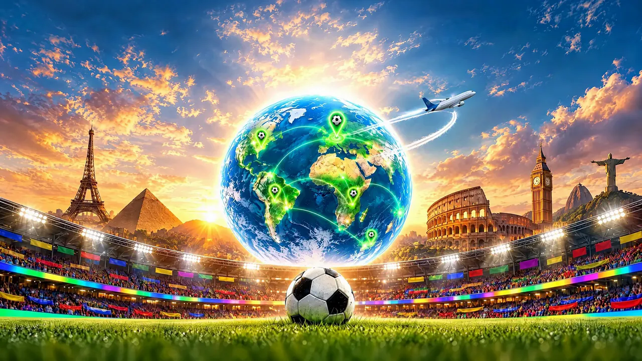 A glowing globe with soccer pins over a stadium, with the Eiffel Tower, the pyramids, the Colosseum and Big Ben around it, and a plane flying past.