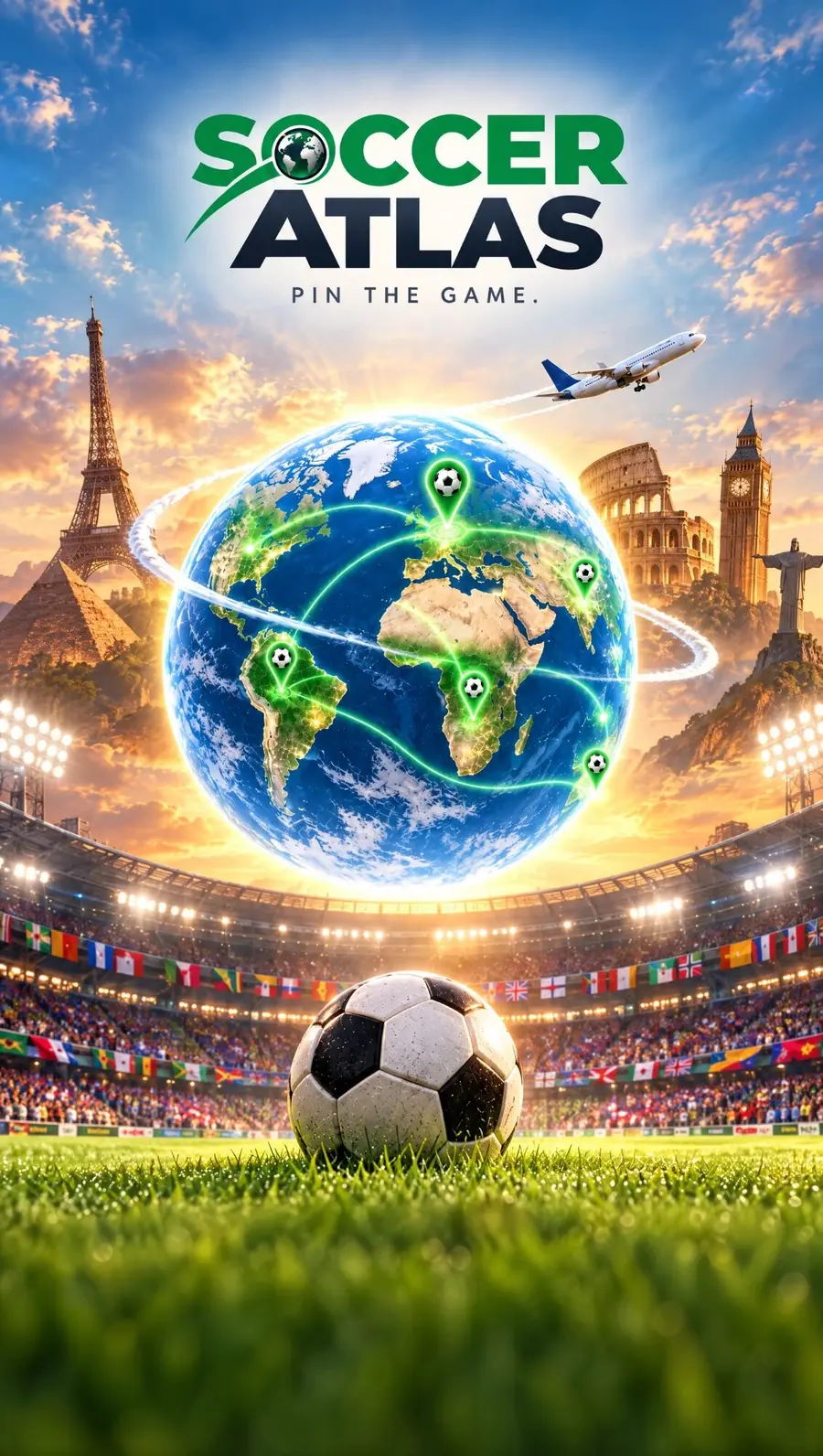 Un globo terráqueo brillante con pines de fútbol sobre un estadio, con la Torre Eiffel, las pirámides, el Coliseo y el Big Ben alrededor, y un avión que pasa.