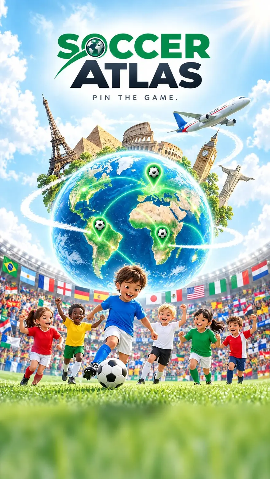 Niños jugando fútbol frente a un globo terráqueo brillante, con banderas por todo el estadio.
