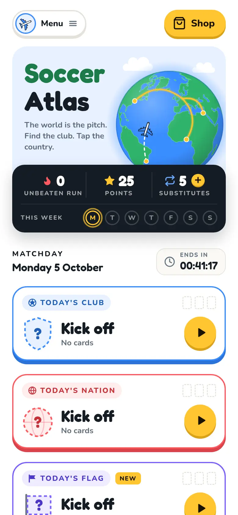 La pantalla de inicio de Soccer Atlas con Club del día, Selección del día y Bandera del día.